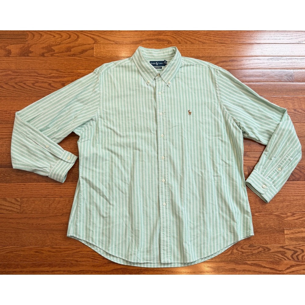 Vintage Ralph Lauren Oxford Button Down Shirt Mens 2XL Green Striped OCBD Pony